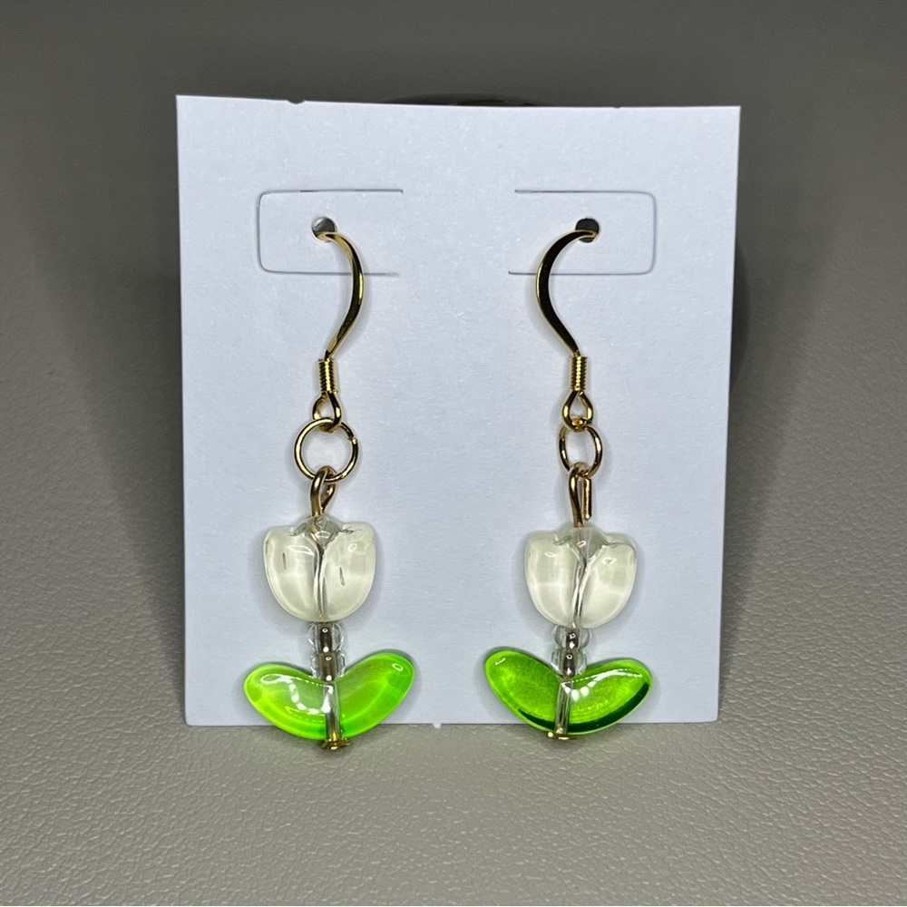 White Tulip Charm Earrings - 18k Gold Plated